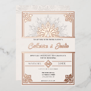 Moderne Art Deco Pfau Hochzeit Roségold Folieneinladung