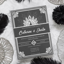 Moderne Art Deco Pfau Weiß und Schwarz Hochzeit