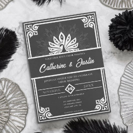 Moderne Art Deco Pfau Weiß und Schwarz Hochzeit Einladung