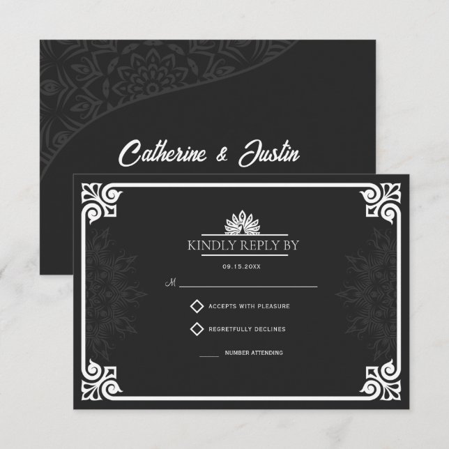 Moderne Art Deco Pfau Weiß und Schwarz Hochzeit RSVP Karte (Vorne/Hinten)