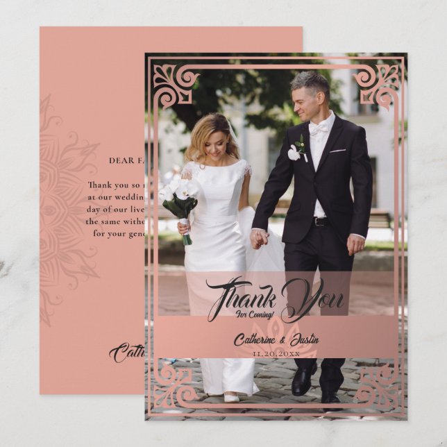 Moderne Art Deco Pfauenblush Rosa Foto Hochzeit Dankeskarte (Vorne/Hinten)