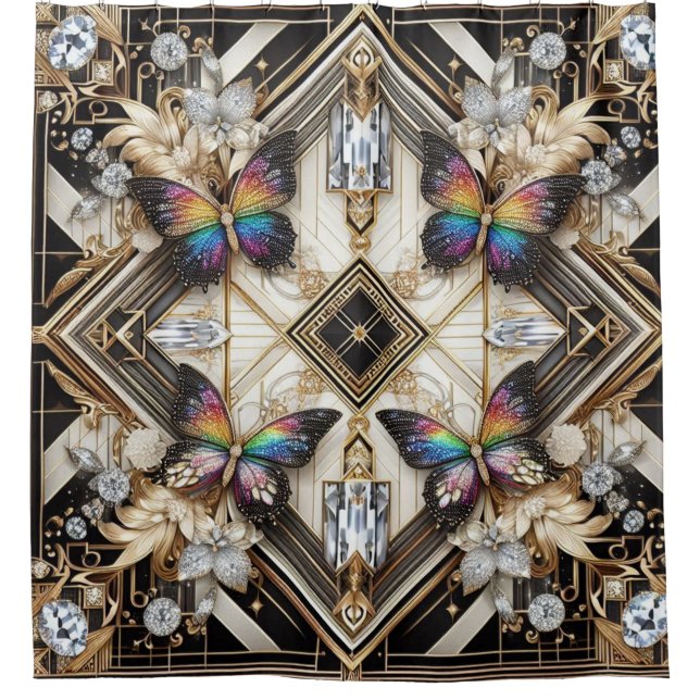 Moderne Art Deco Regenbogen Schmetterling Duschvorhang (Vorderseite)