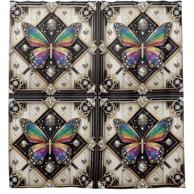 Moderne Art Deco Regenbogen Schmetterling Duschvorhang (Vorderseite)