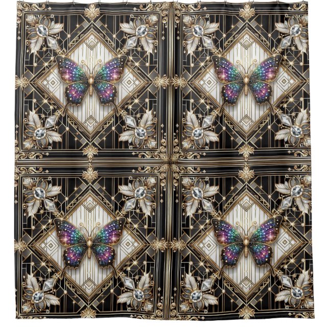 Moderne Art Deco Regenbogen Schmetterling Duschvorhang (Vorderseite)
