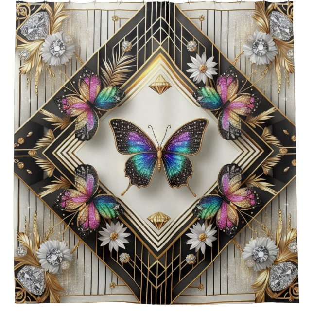 Moderne Art Deco Regenbogen Schmetterling Duschvorhang (Vorderseite)