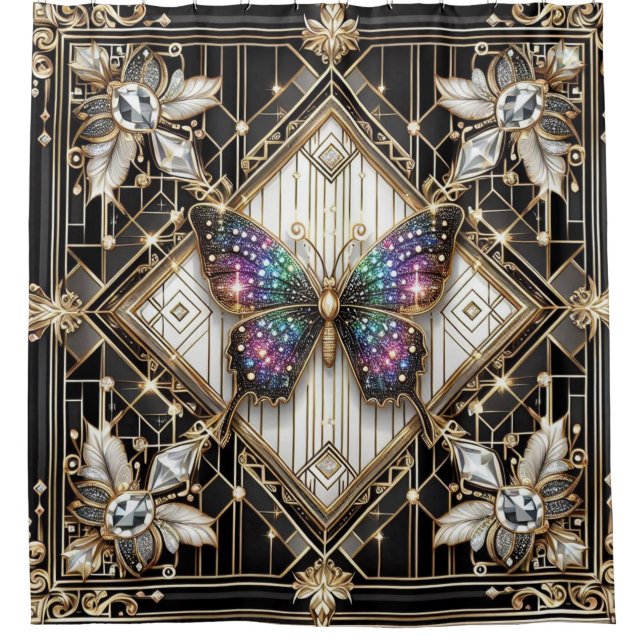 Moderne Art Deco Regenbogen Schmetterling Duschvorhang (Vorderseite)