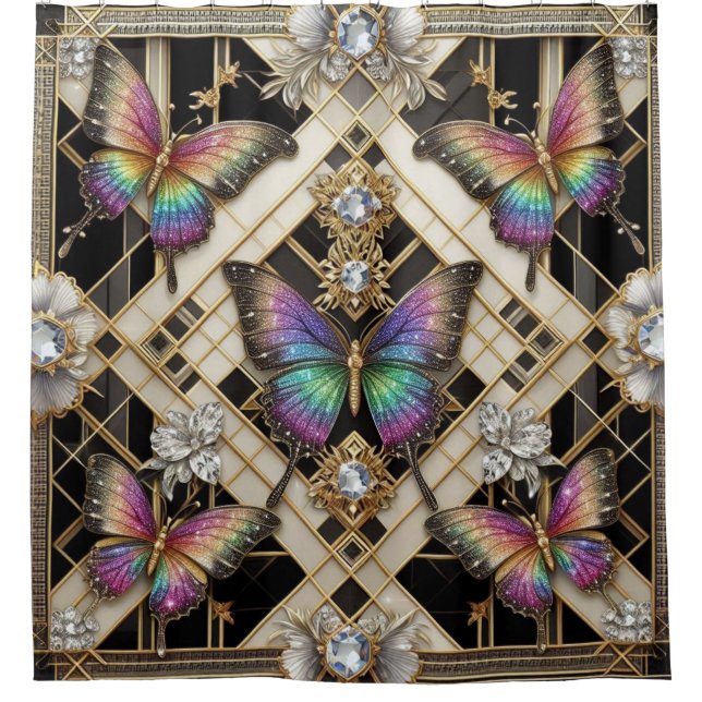 Moderne Art Deco Regenbogen Schmetterling Duschvorhang (Vorderseite)