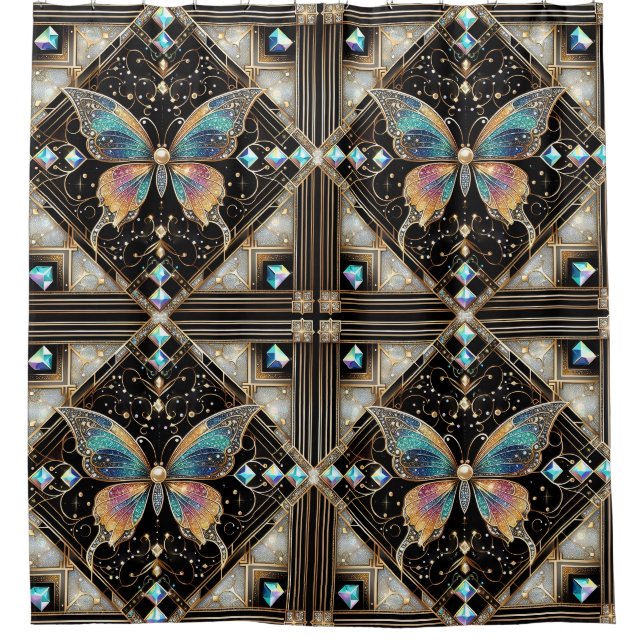 Moderne Art Deco Regenbogen Schmetterling Duschvorhang (Vorderseite)