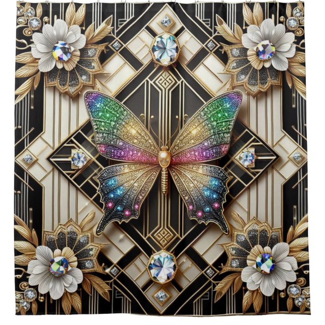 Moderne Art Deco Regenbogen Schmetterling Duschvorhang (Vorderseite)