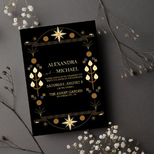 Moderne Art Deco Schwarz und Gold Hochzeit Folieneinladung