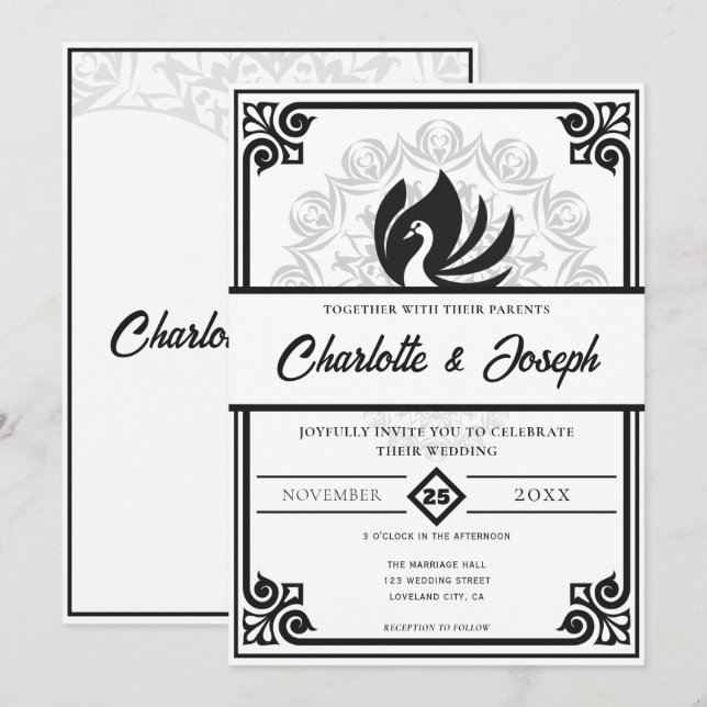 Moderne Art Deco Swan Black and White Wedding Einladung (Vorne/Hinten)