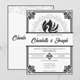 Moderne Art Deco Swan Black and White Wedding Einladung