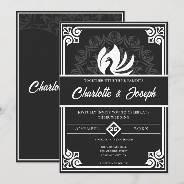 Moderne Art Deco Swan White and Black Wedding Einladung (Vorne/Hinten)