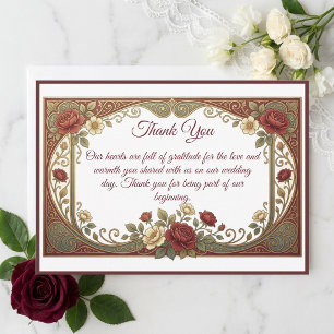 Moderne Art Nouveau Gold Burgund Blumen Hochzeit Dankeskarte