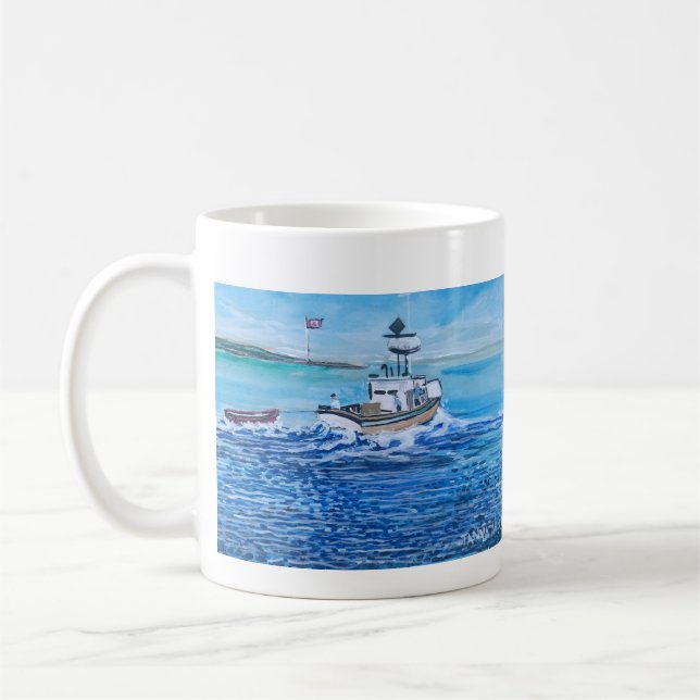 Moderne Art White und Sea Blue Fischer Kaffeetasse (Links)