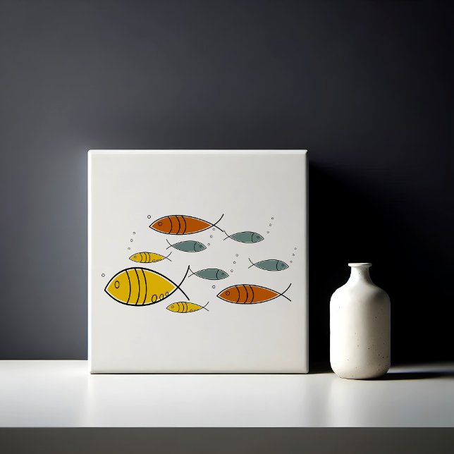 Moderne Atomzeitenfische aus der Mitte des Jahrhun Fliese (Mid Century Modern Fish Swimming Pattern Retro Vintage Eames Atomic Era MCM)