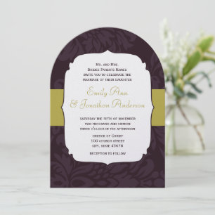 Moderne Aubergine-Chartreuse-Damask-Hochzeit  Einladung