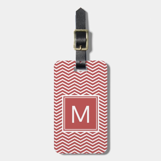 Moderne Aurora-rotes Zickzack Muster mit Monogramm Gepäckanhänger (Vorderseite vertikal)