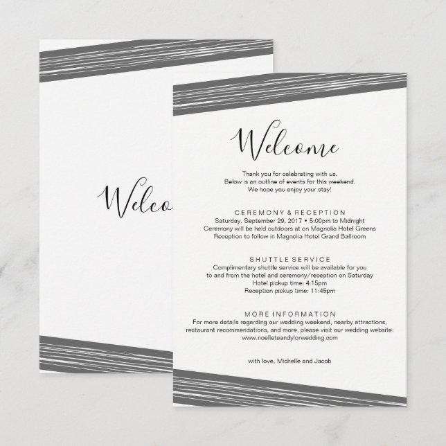 Moderne B&W Wedding Welcome Itinerary Card Einladung (Vorne/Hinten)