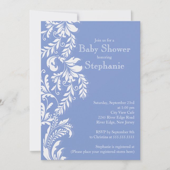 Moderne Baby Blue Floral Leaf Babydusche Einladung (Vorderseite)