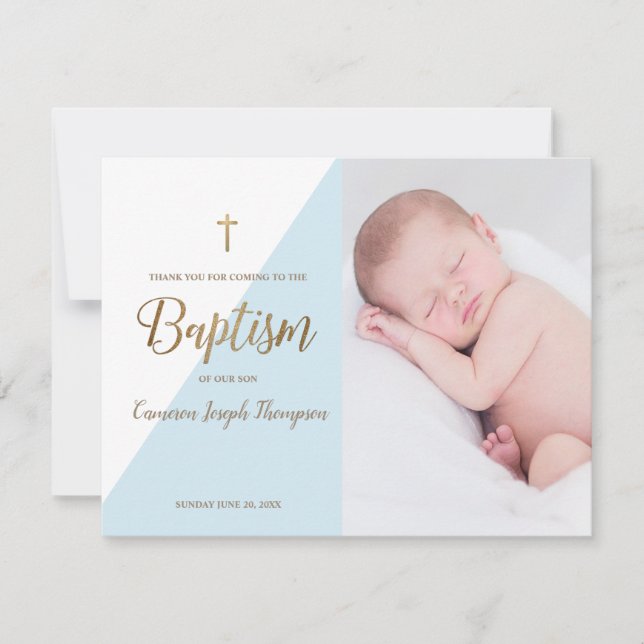 Moderne Baby Boy Blue Foto Taufe Vielen Dank Karte (Vorderseite)