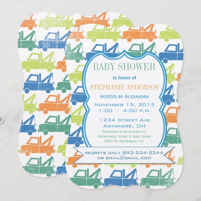 Moderne Baby Boy Tow Truck Dusche Einladung (Vorne/Hinten)
