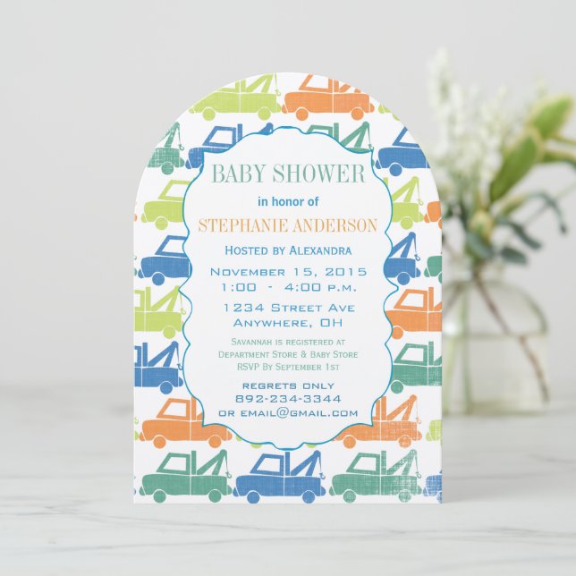 Moderne Baby Boy Tow Truck Shower Arch Form Einladung (Stehend Vorderseite)