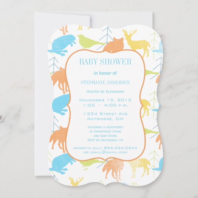 Moderne Baby Boy Woodland Creatures Dusche Einladung (Vorderseite)