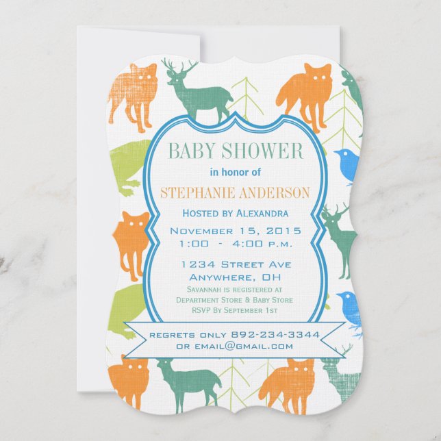 Moderne Baby Boy Woodland Creatures Dusche Einladung (Vorderseite)