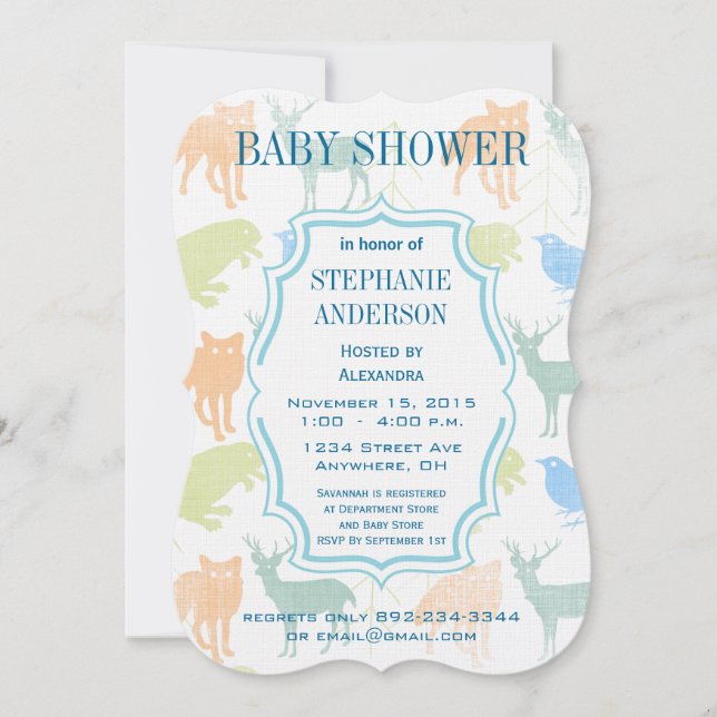 Moderne Baby Boy Woodland Creatures Dusche Einladung (Vorderseite)