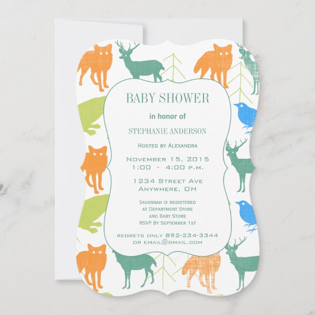 Moderne Baby Boy Woodland Creatures Dusche Einladung (Vorderseite)