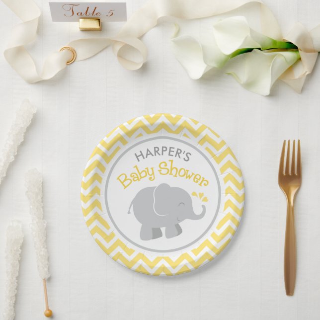 Moderne Baby-Dusche in Gelb und Grau Pappteller (Hochzeit)