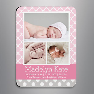Moderne Baby-Girl Geburt Pink Grau Foto Ankündigun Magnet