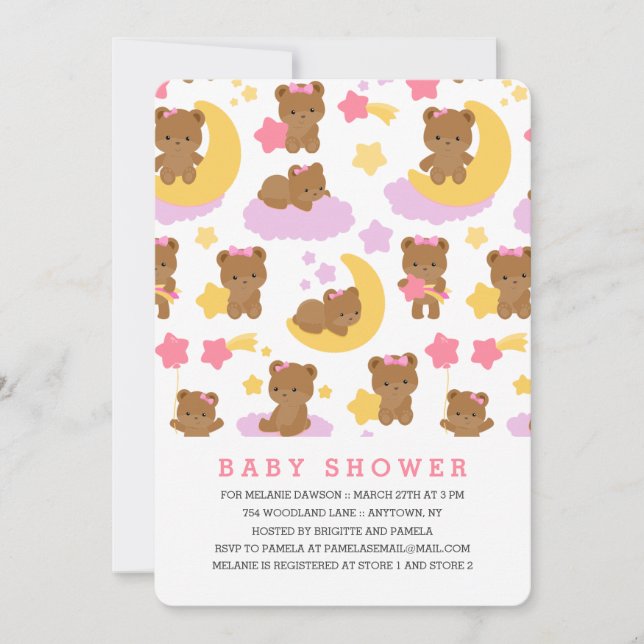 Moderne Baby Girl Little Bear Baby Dusche Einladung (Vorderseite)