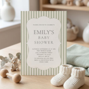 Moderne Baby-Party im Salbeigrün-Streifenlook Einladung