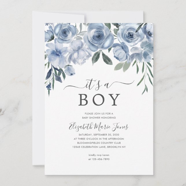 Moderne Babydusche aus Boy Dusty Blue Floral Einladung (Vorderseite)