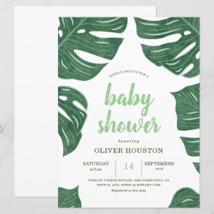 Moderne Babydusche aus Tropenblättern Einladung