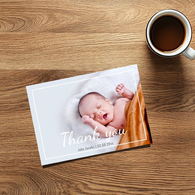 Moderne Babydusche, Baby Boy, Dankeschön Karte (Baby shower "thank you" photo card with baby name and birth date)