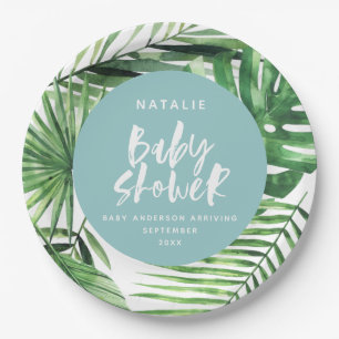 Moderne Babydusche mit blauer Tropendusche Pappteller