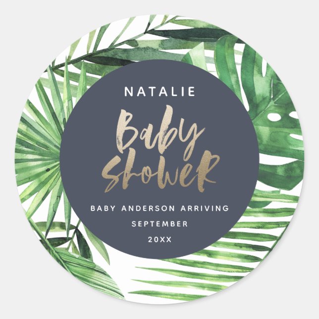 Moderne Babydusche mit goldenem Blattwerk Runder Aufkleber (Vorderseite)