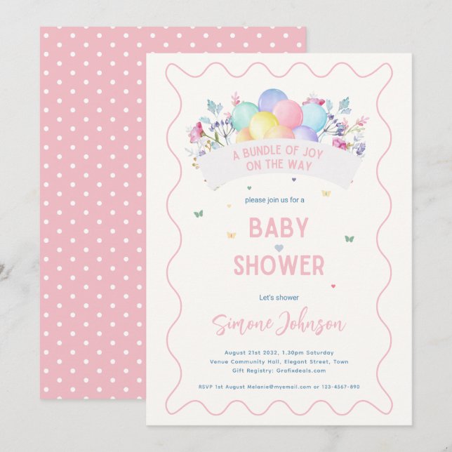 Moderne Babydusche Thema Wildblumen Balloons Einladung (Vorne/Hinten)