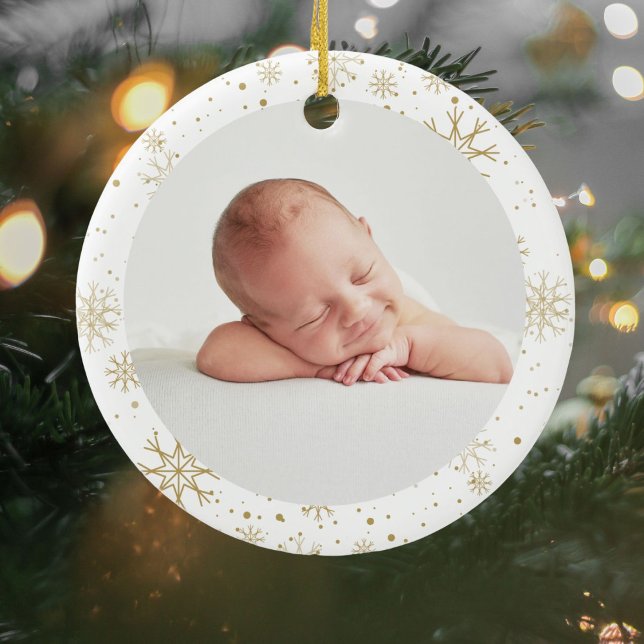 Moderne Babys Erste Weihnachtszeit Foto Gold Schne Keramik Ornament (Von Creator hochgeladen)