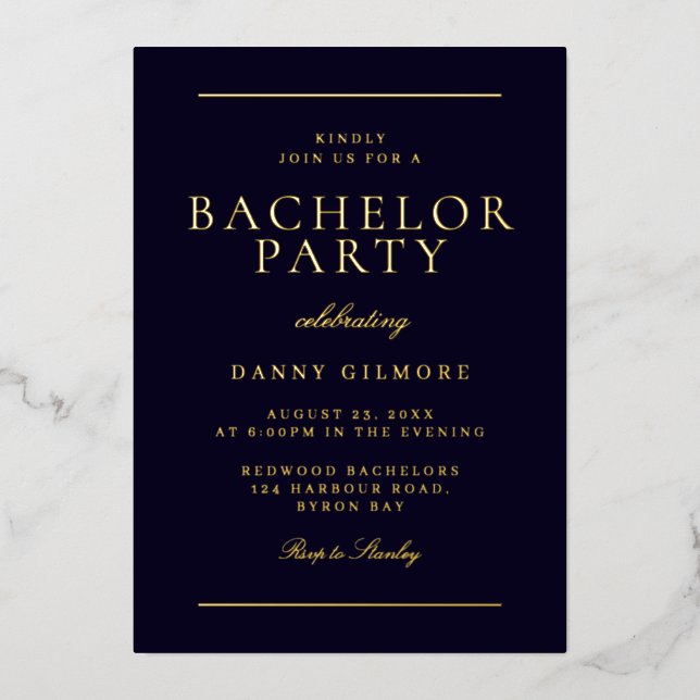 Moderne Bachelor Party Black & Gold Folieneinladung (Vorderseite)