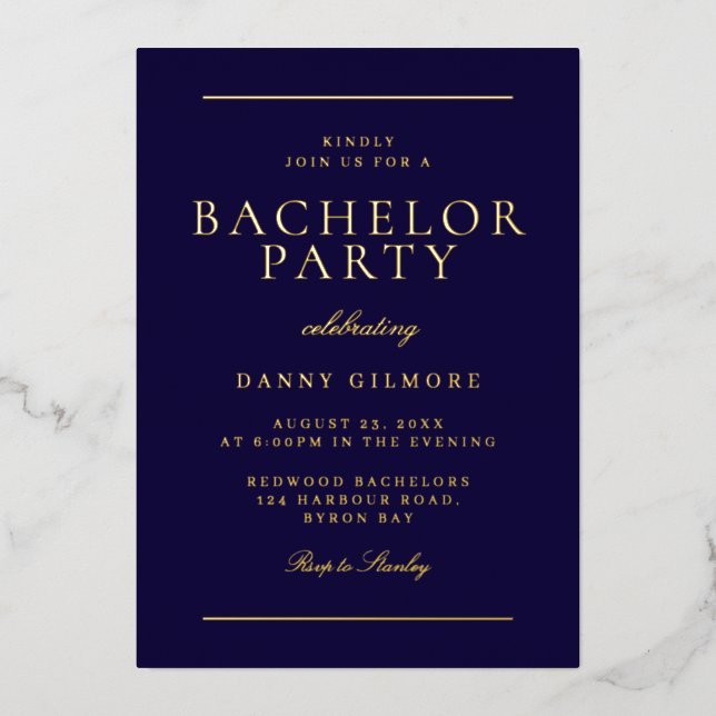 Moderne Bachelor Party Navy & Gold Folieneinladung (Vorderseite)