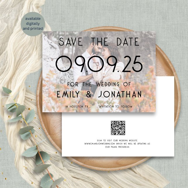 Moderne Background Custom Foto Wedding Save The Date (Front and back view)