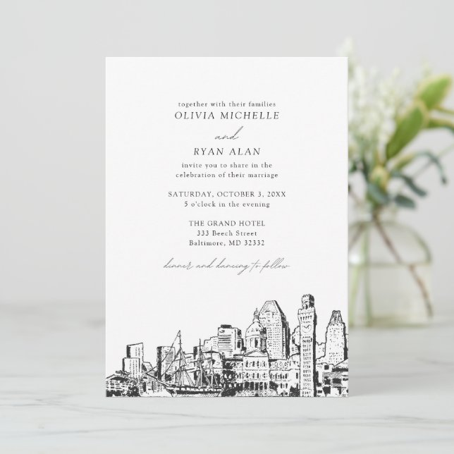 Moderne Baltimore Skyline Black & White Wedding Einladung (Stehend Vorderseite)