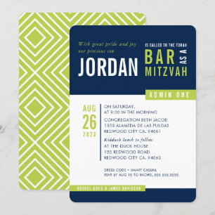 MODERNE BAR MITZVAH coole, fette Blockmarineblau g Einladung