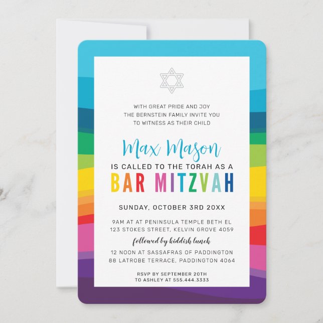 MODERNE BAR MITZVAH farbenfrohe technische Regenbo Einladung (Vorderseite)