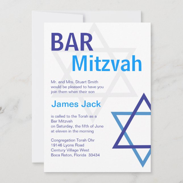 Moderne Bar Mitzvah Invititiation - Blau und Weiß Einladung (Vorderseite)