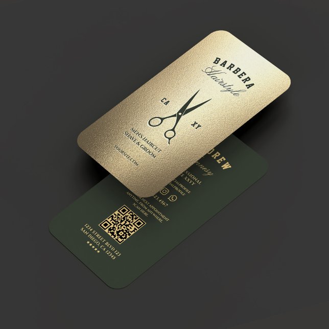 Moderne Barber Green Scissors Elegantes Gold Visitenkarte (Modern Barber Green Scissors Elegant Gold Business Card
)
